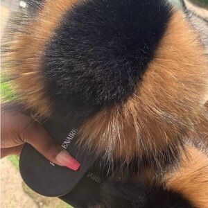 Luxurious Black and Brown Teal Fur Slides